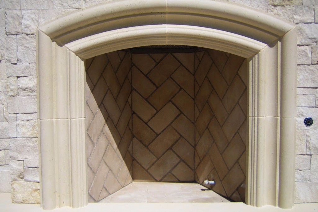 Zoomed in stone and concrete fireplace